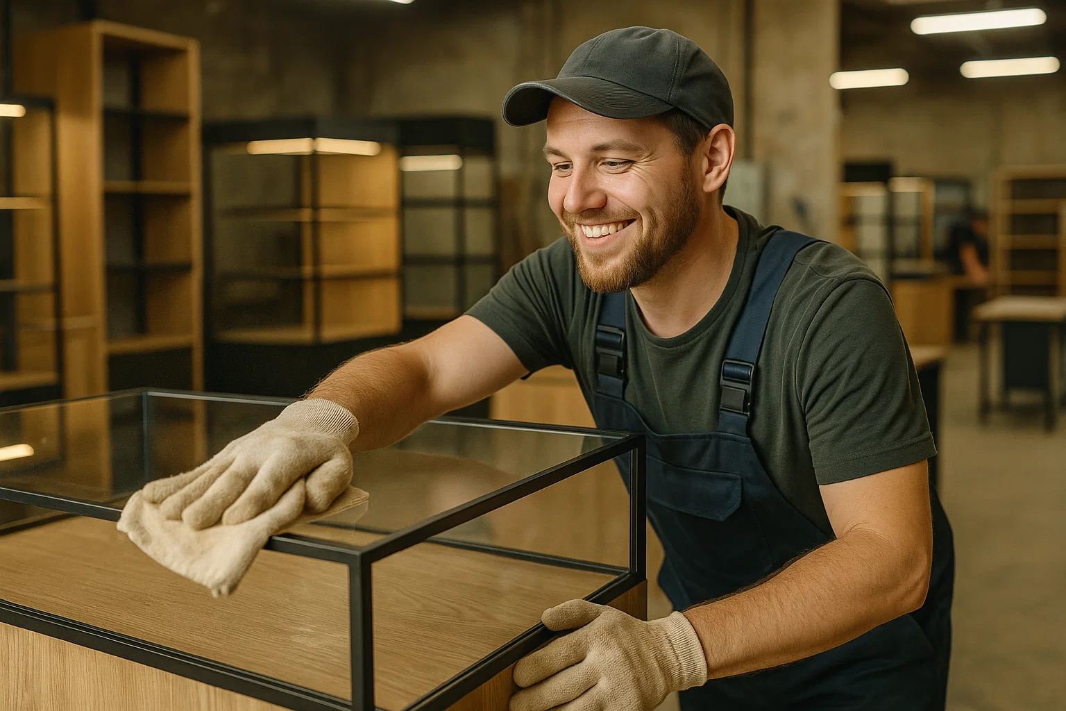 рабочий протирает мебельную витрину