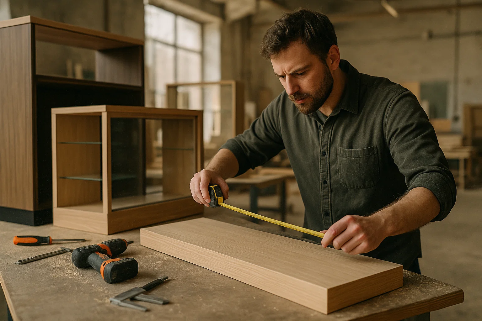 мастер проверяет размеры мебели рулеткой