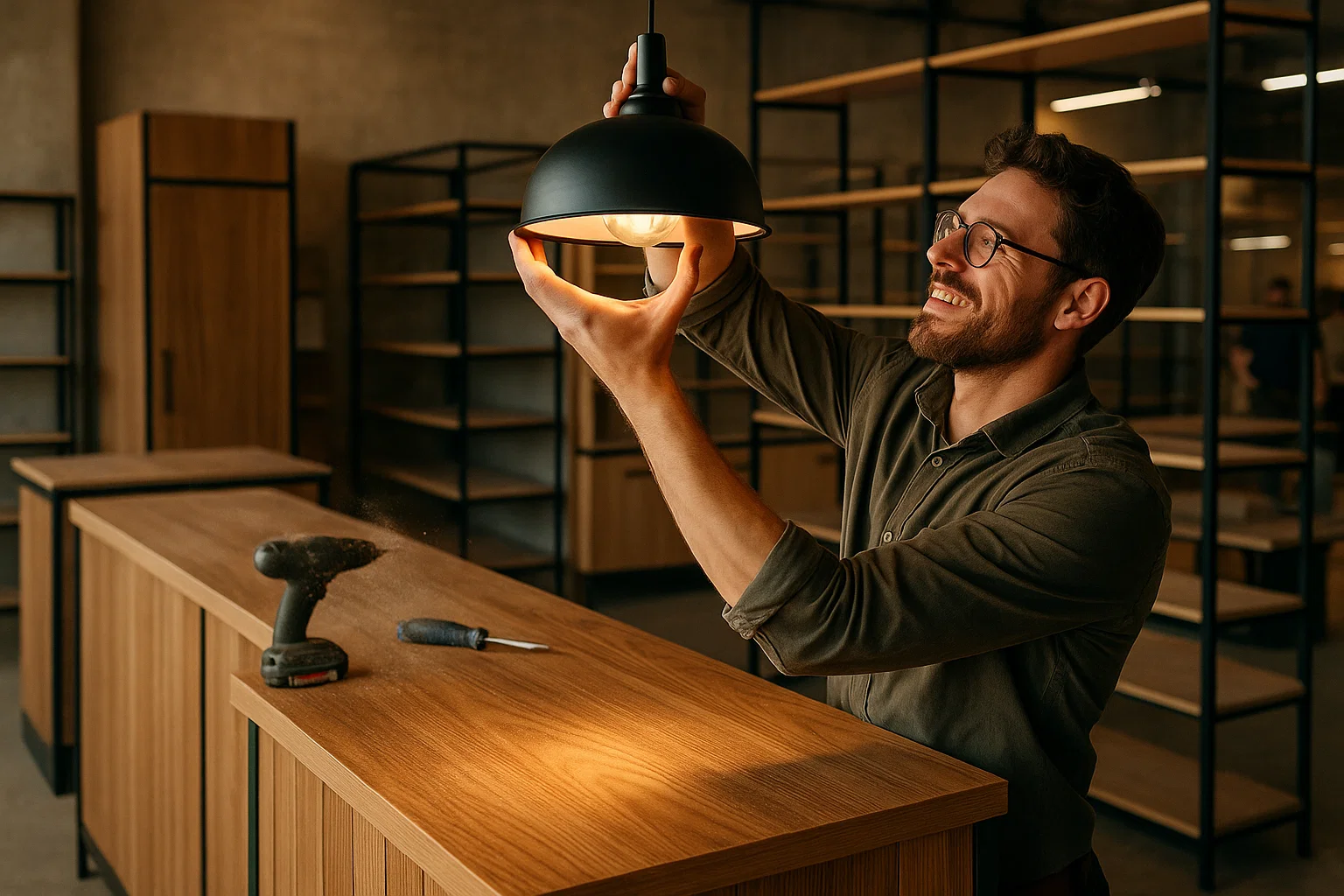 дизайнер устанавливает светильник над прилавком