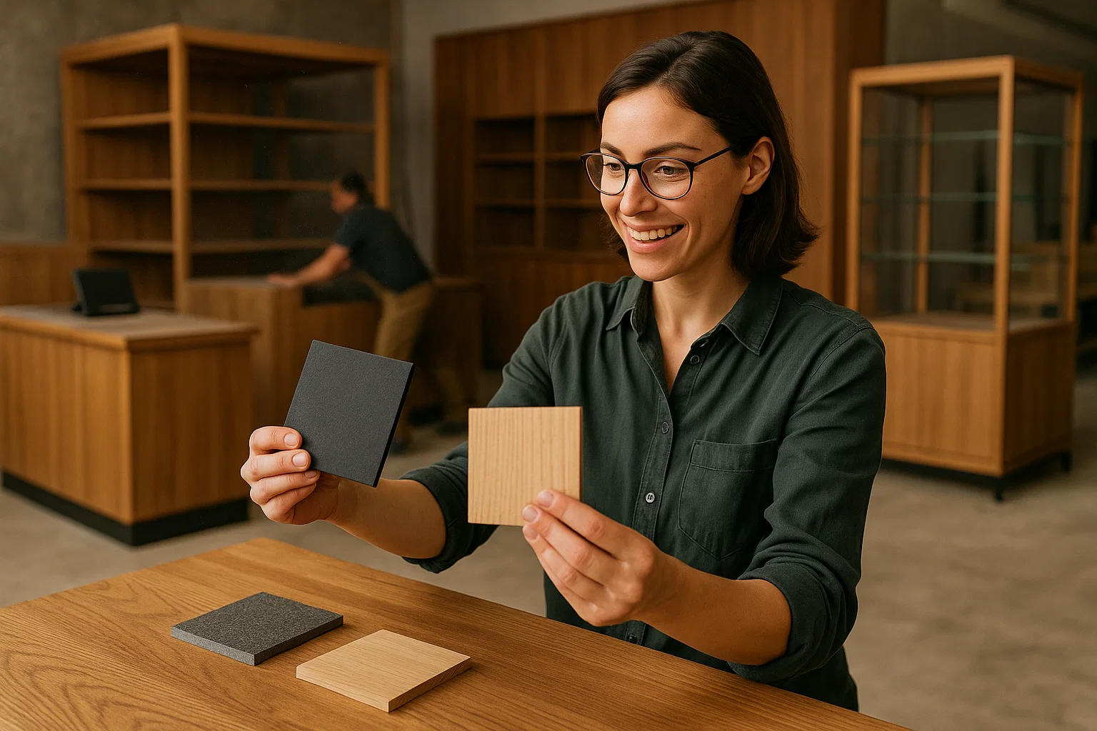 архитектор демонстрирует образцы материалов для мебели