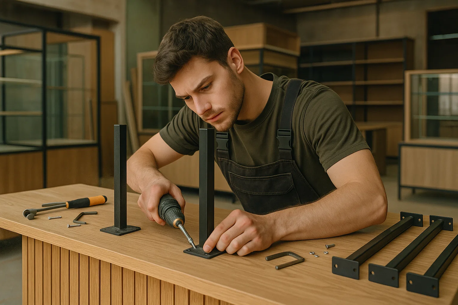 рабочий прикручивает ножки к мебельному прилавку