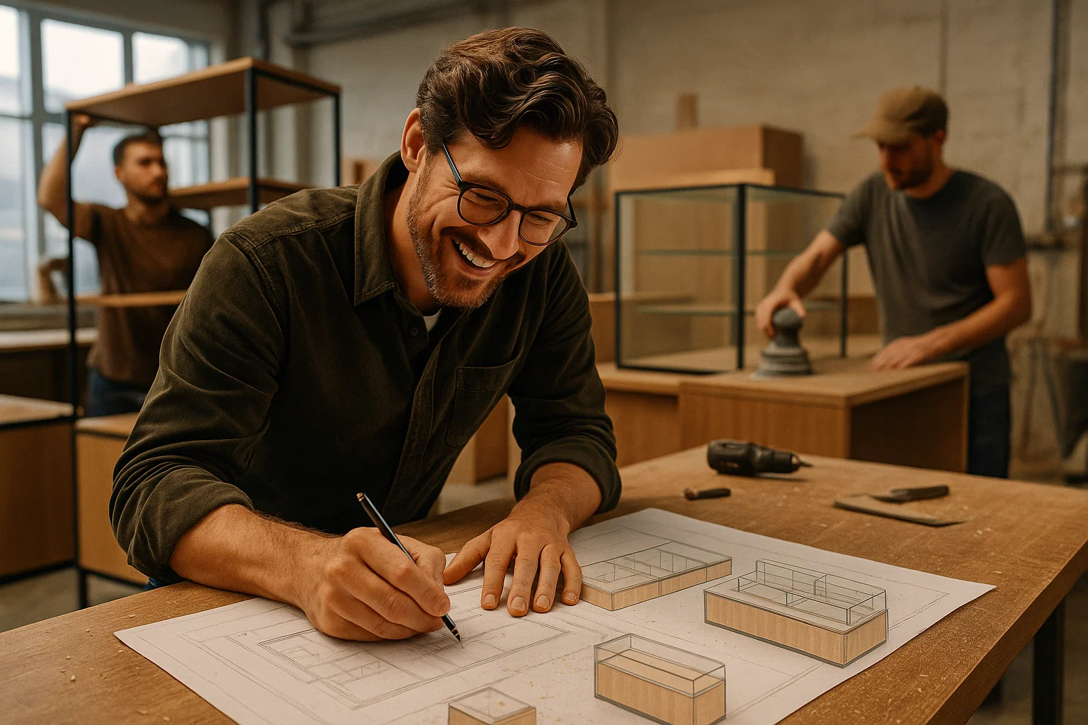 дизайнер делает пометки на чертеже в мастерской мебели