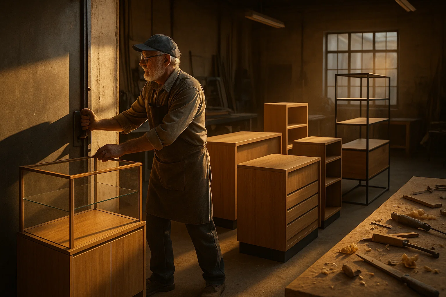 пожилой мастер закрывает мебельный цех вечером