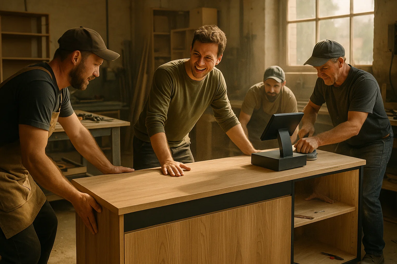 рабочие устанавливают кассовую стойку в торговом помещении