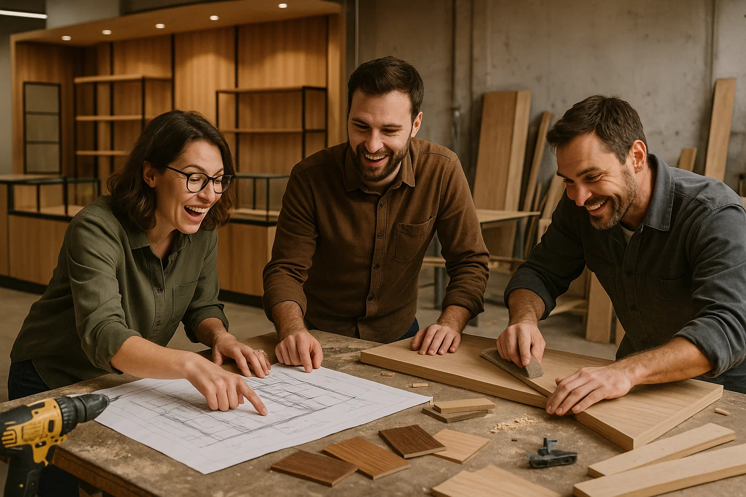 команда дизайнеров обсуждает проект мебели