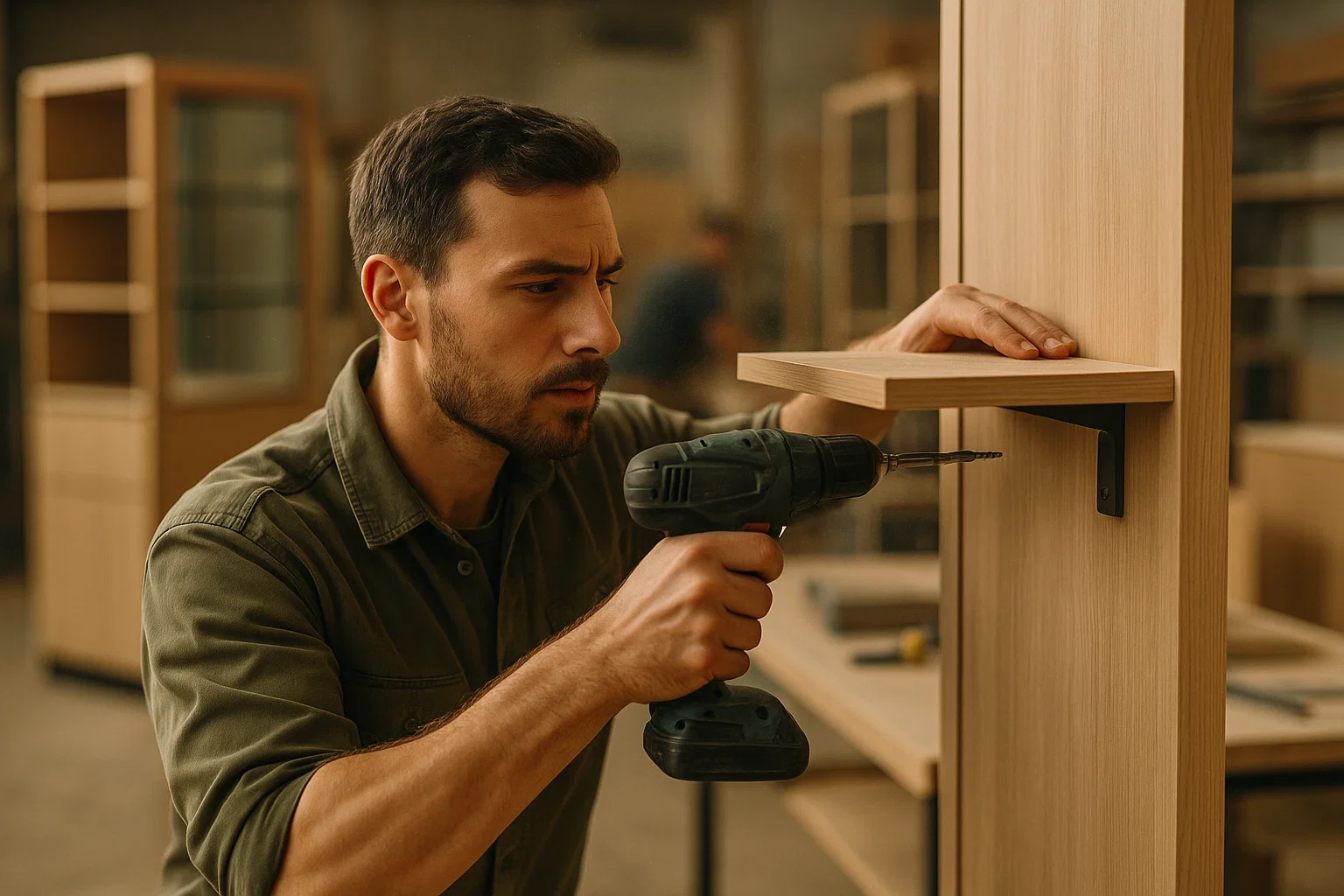 мужчина устанавливает полку в мебельном цехе