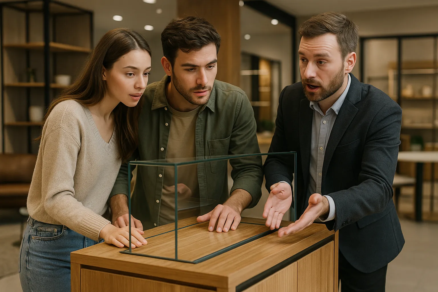 пара рассматривает мебель в шоуруме