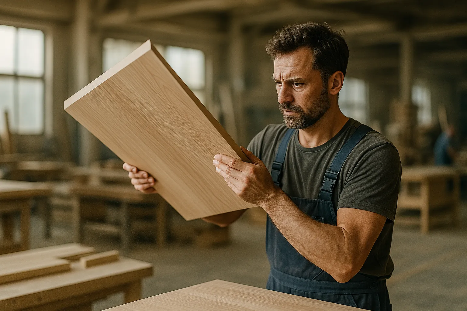 мастер поднимает деревянную панель в мебельном цехе