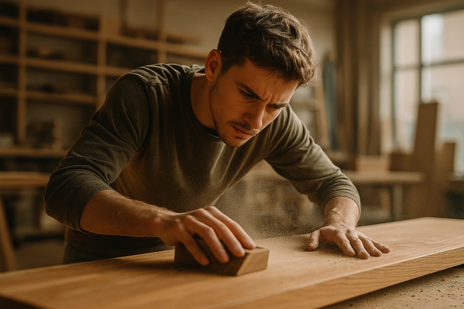 мастер шлифует деревянную деталь мебели