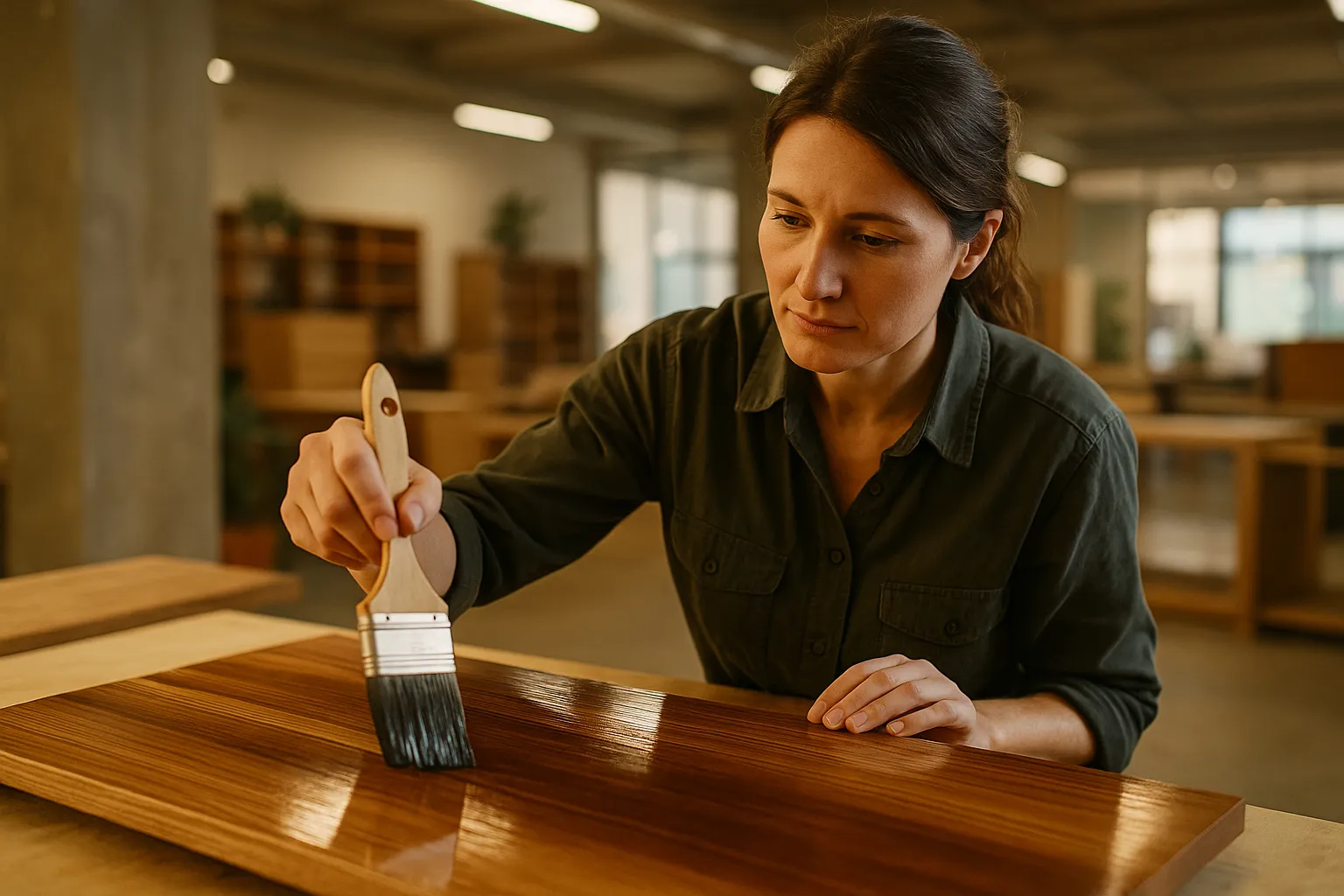 женщина окрашивает деревянную панель лаком