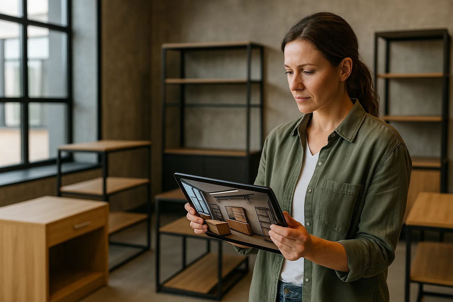 дизайнер показывает визуализацию интерьера на планшете